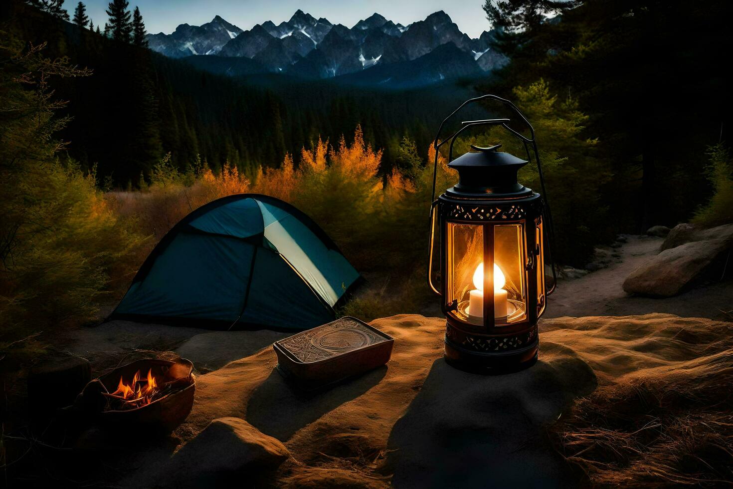 a campfire and lantern in the mountains. AI-Generated photo