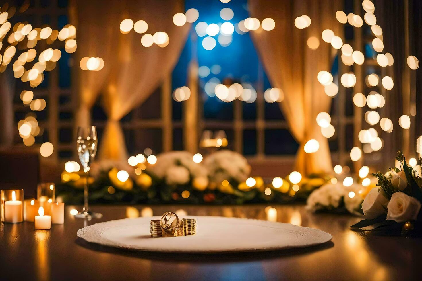 wedding rings on a table with candles and lights. AI-Generated photo