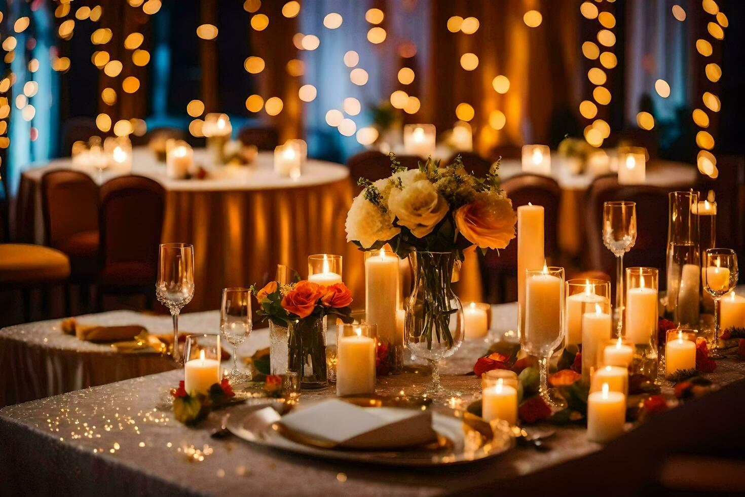a table with candles and flowers in front of a backdrop of lights. AI-Generated photo