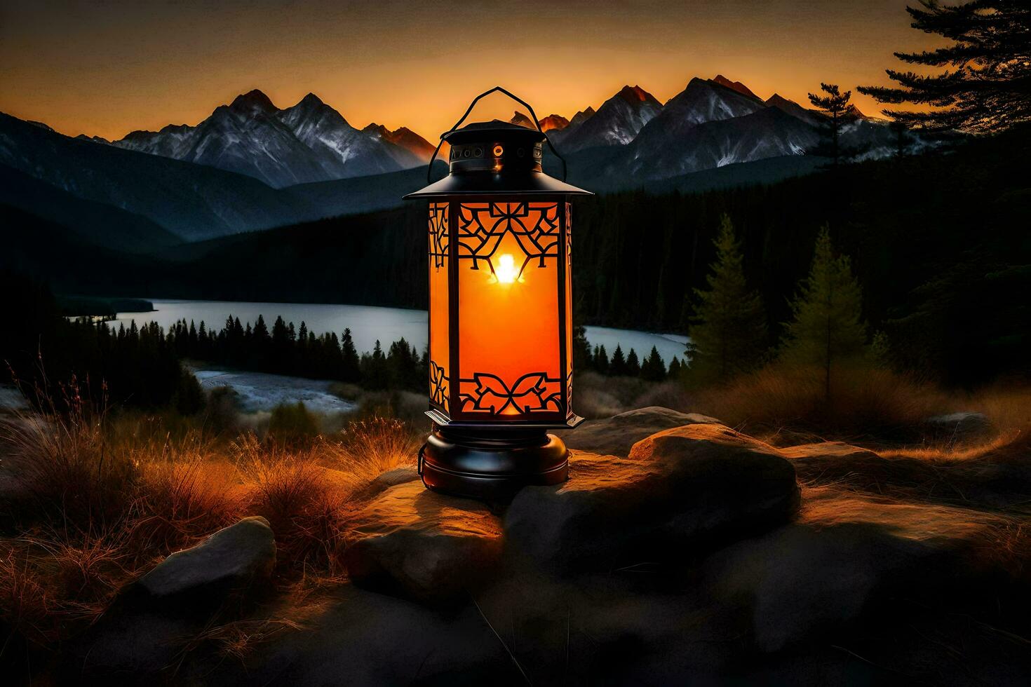photo wallpaper the sky, mountains, lantern, the sun, the mountains, the sky, the. AI-Generated