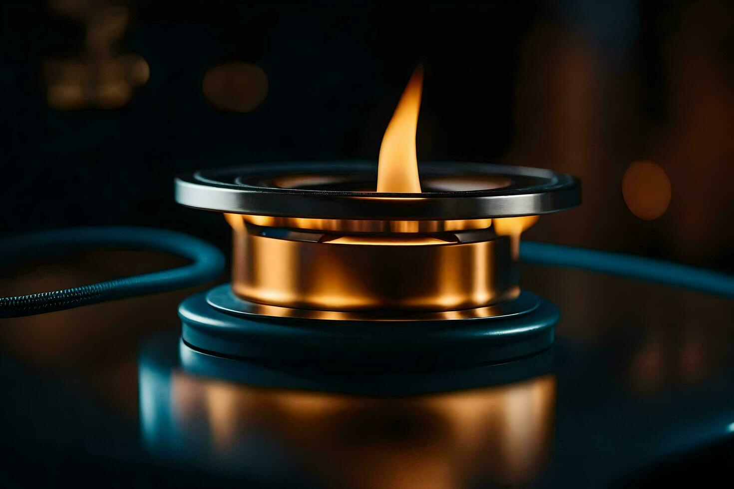 a close up of a burning candle on a table. AI-Generated photo