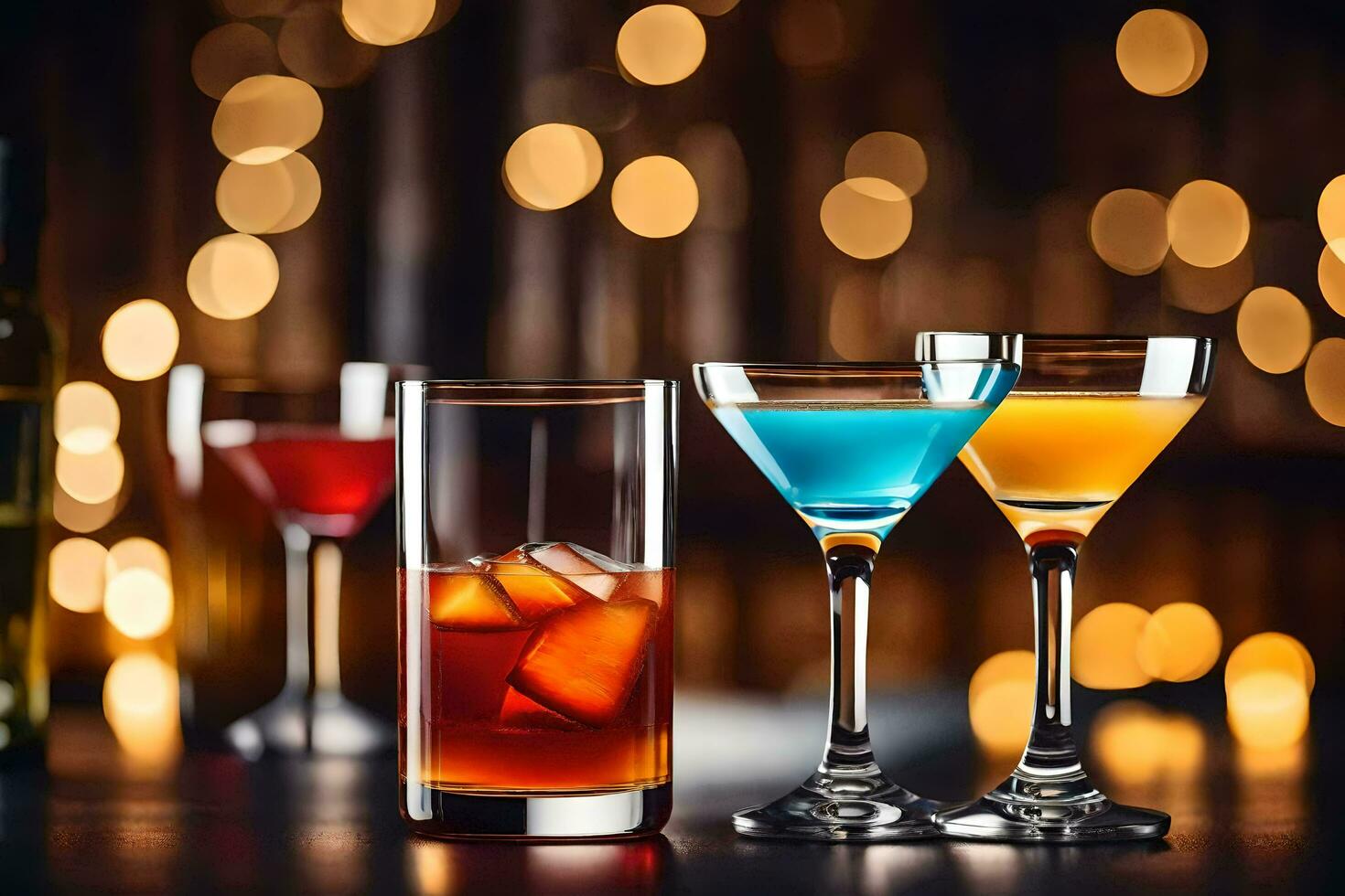 three different colored cocktails sit on a bar. AI-Generated photo