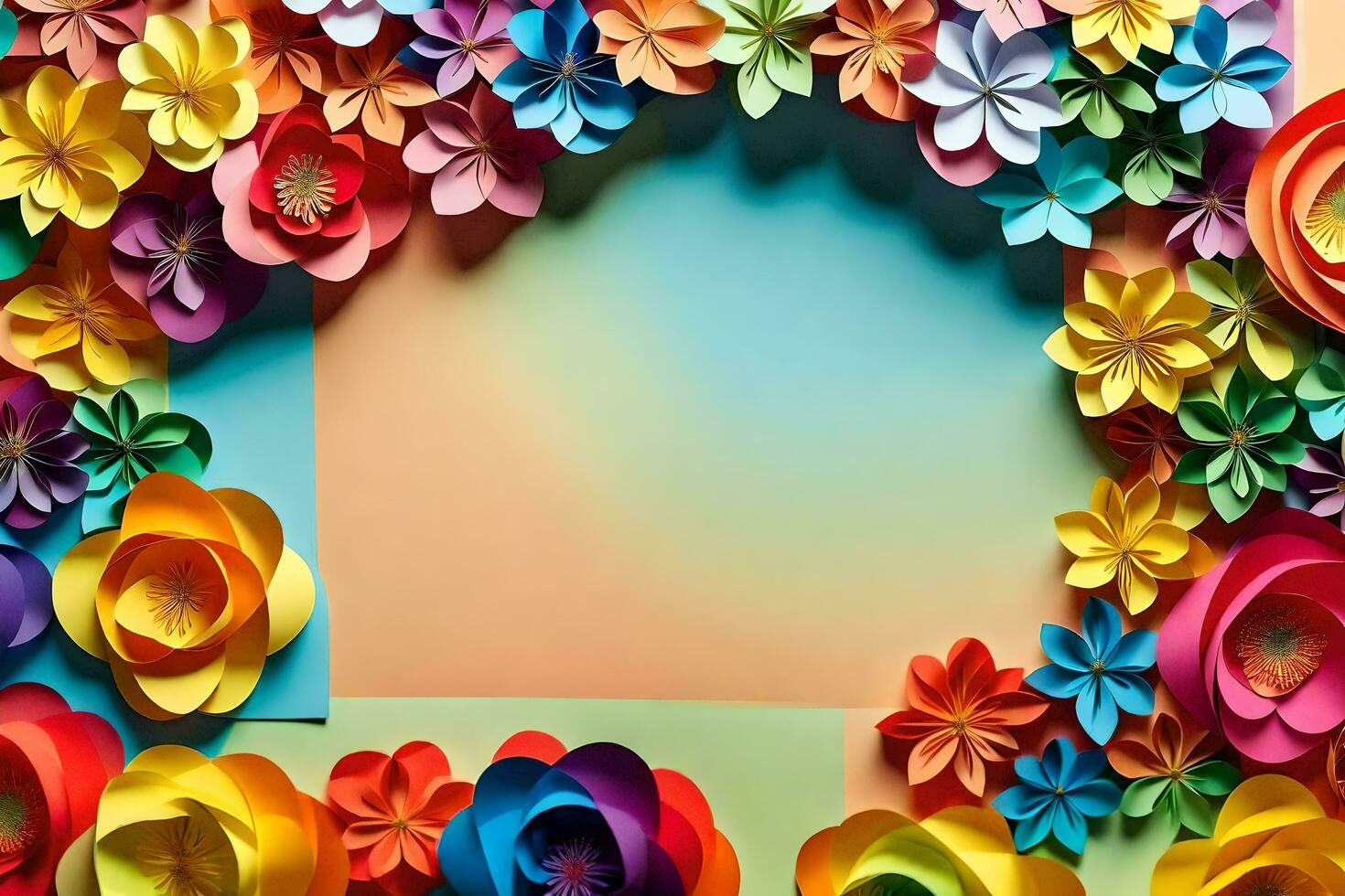 colorful paper flowers arranged in a circle on a colorful background. AI-Generated photo