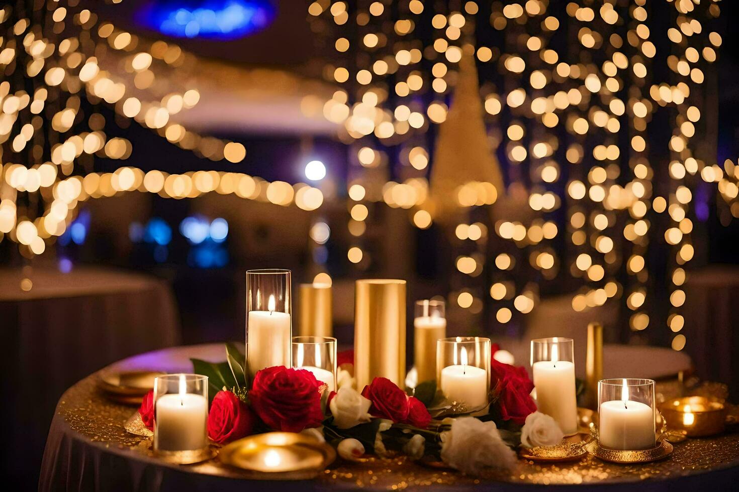 a table with candles and flowers in front of a string of lights. AI-Generated photo