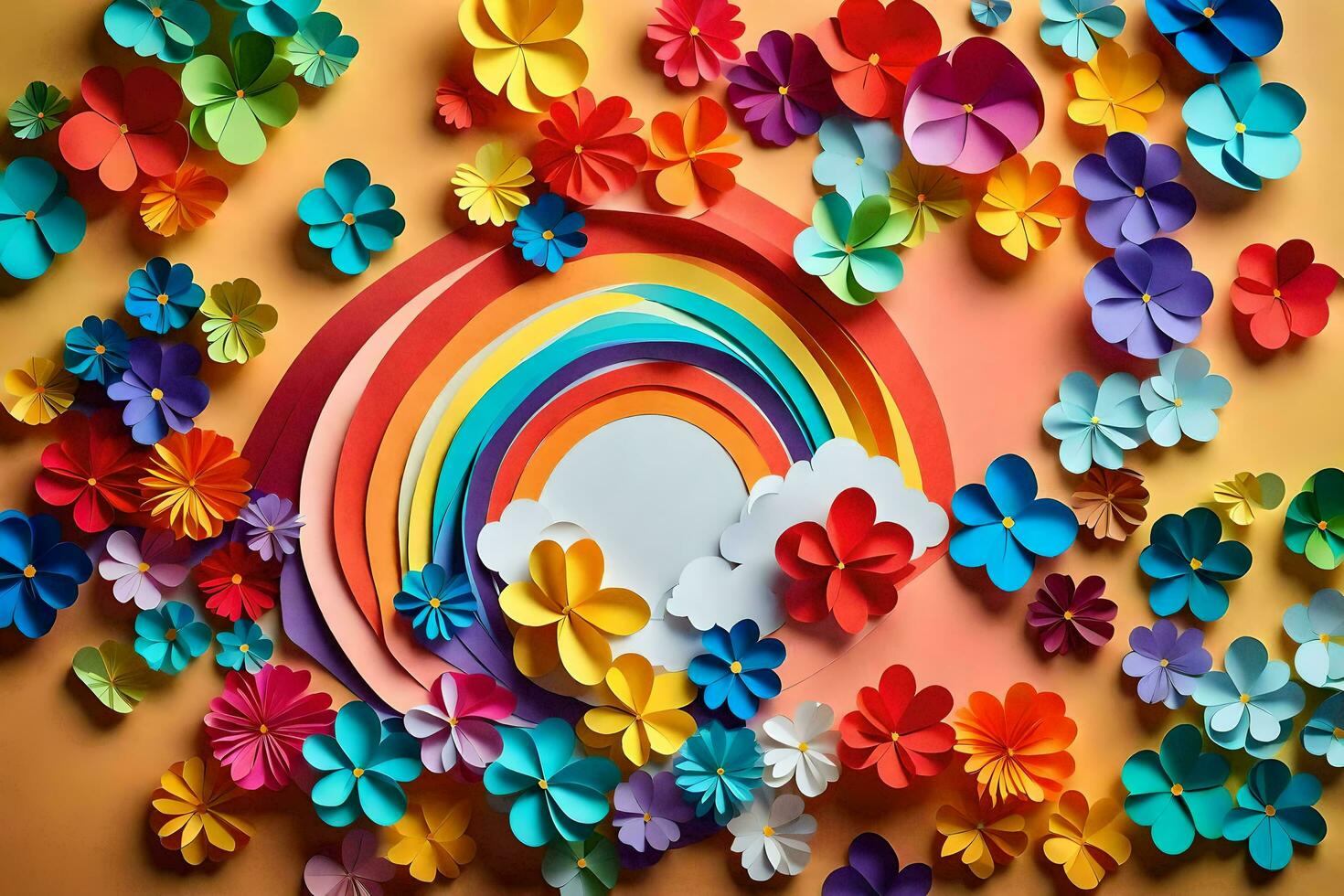 colorful paper flowers and rainbow on a yellow background. AI-Generated photo