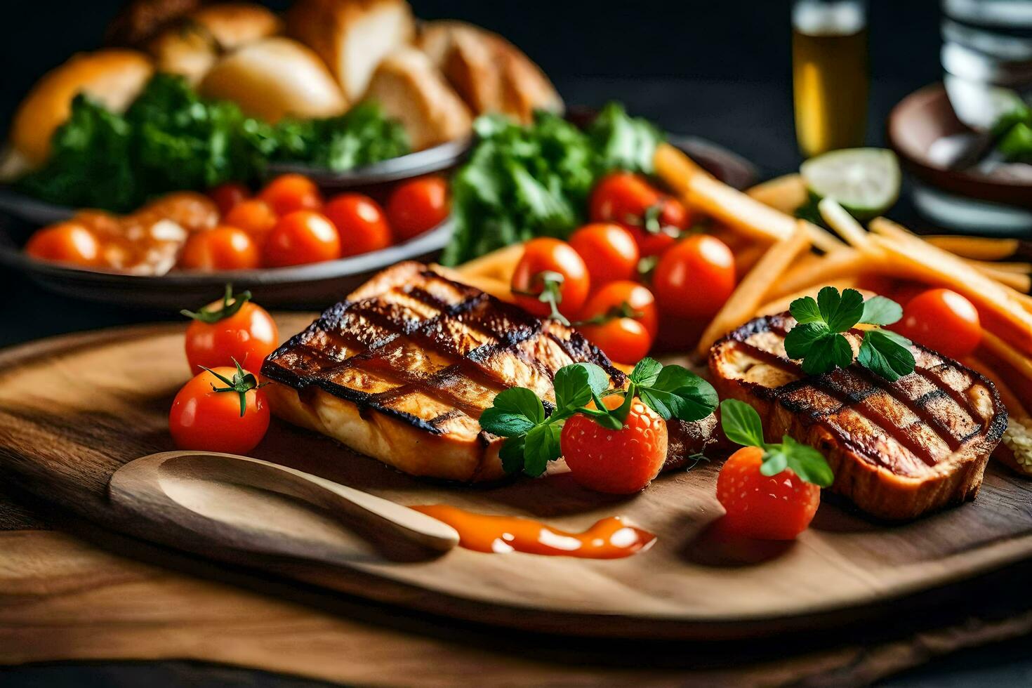 grilled salmon with vegetables and tomatoes on a wooden cutting board. AI-Generated photo