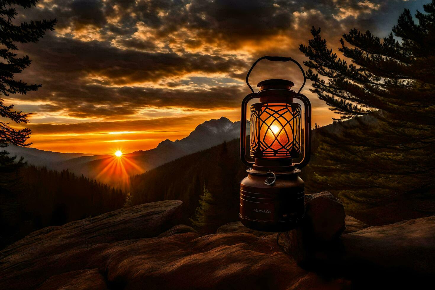 a lantern is lit up in the mountains at sunset. AI-Generated photo