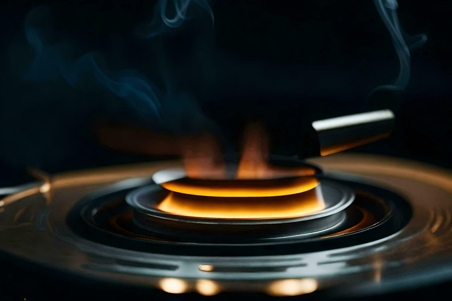 a close up of a gas stove with smoke coming out. AI-Generated photo