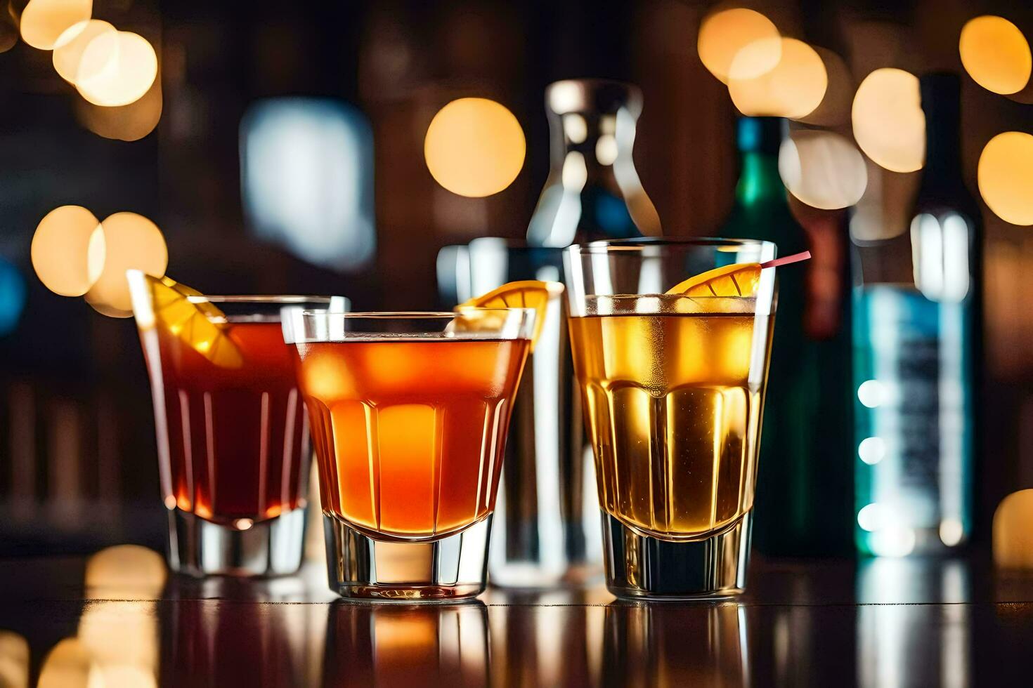 three different types of alcoholic drinks on a bar counter. AI-Generated photo