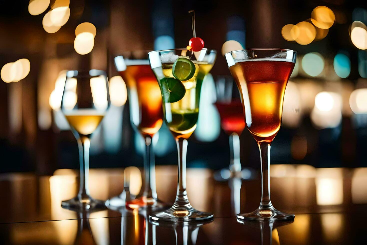 four different types of alcoholic drinks on a bar. AI-Generated photo