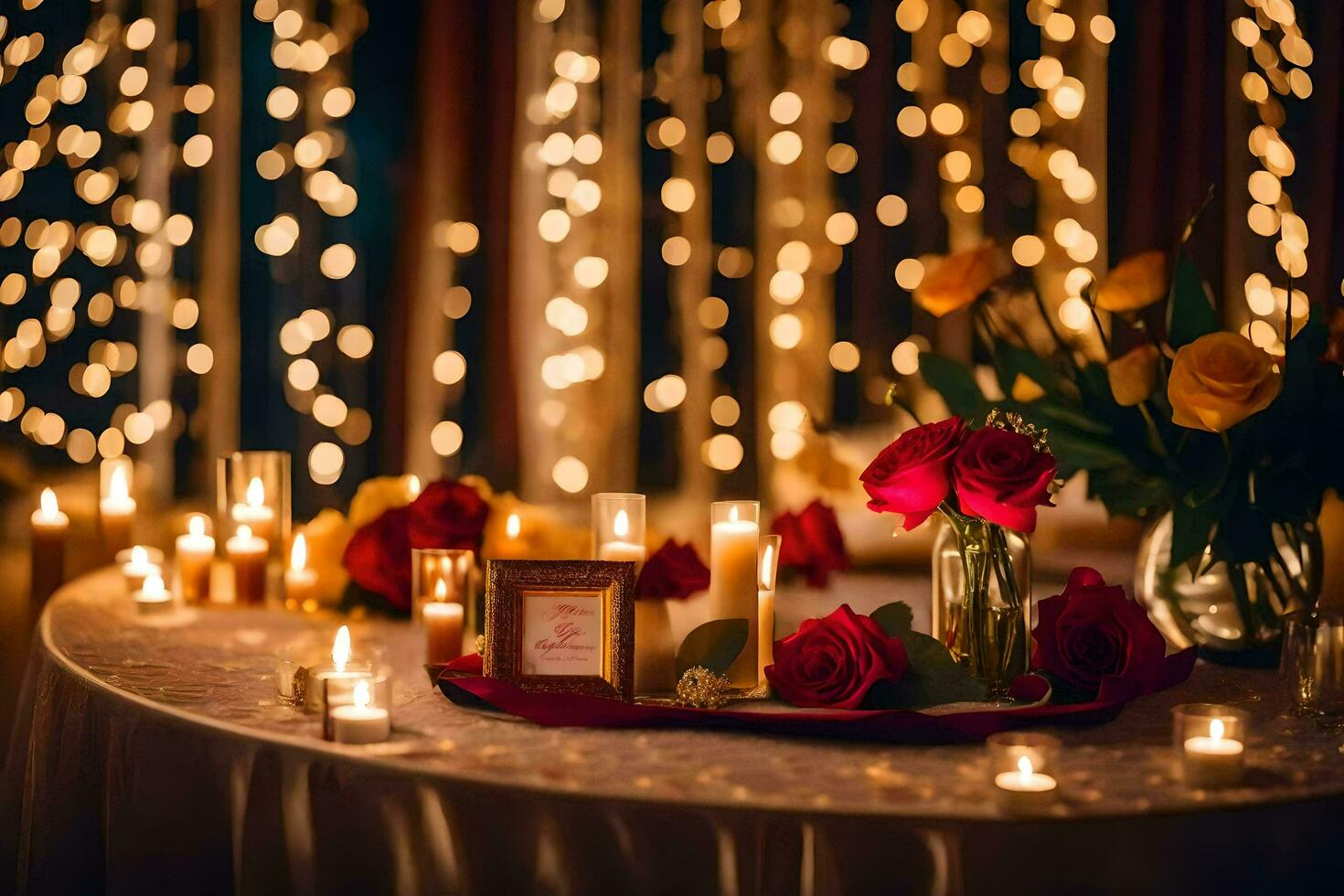 un mesa con velas y flores en frente de un cuerda de luces. generado por ai foto