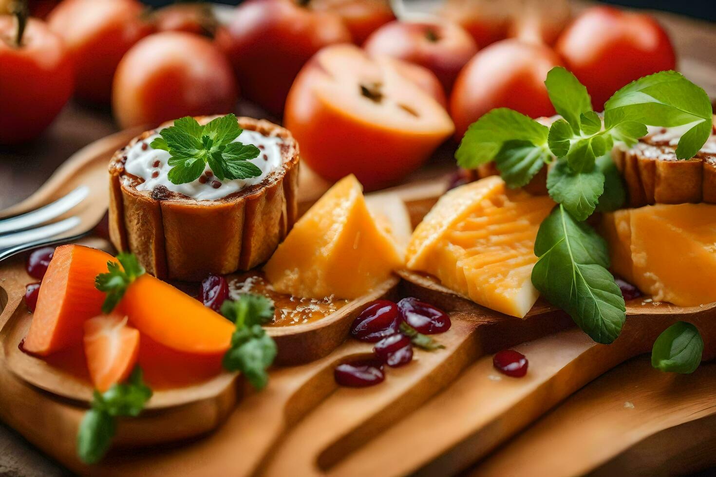 a wooden cutting board with fruit and vegetables. AI-Generated photo