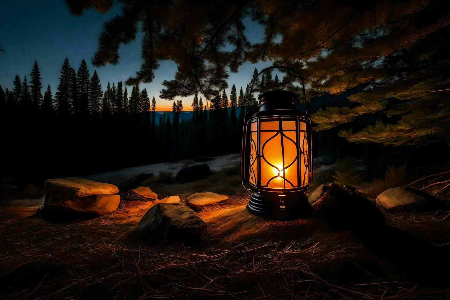 a lantern lit up in the dark in the woods. AI-Generated photo