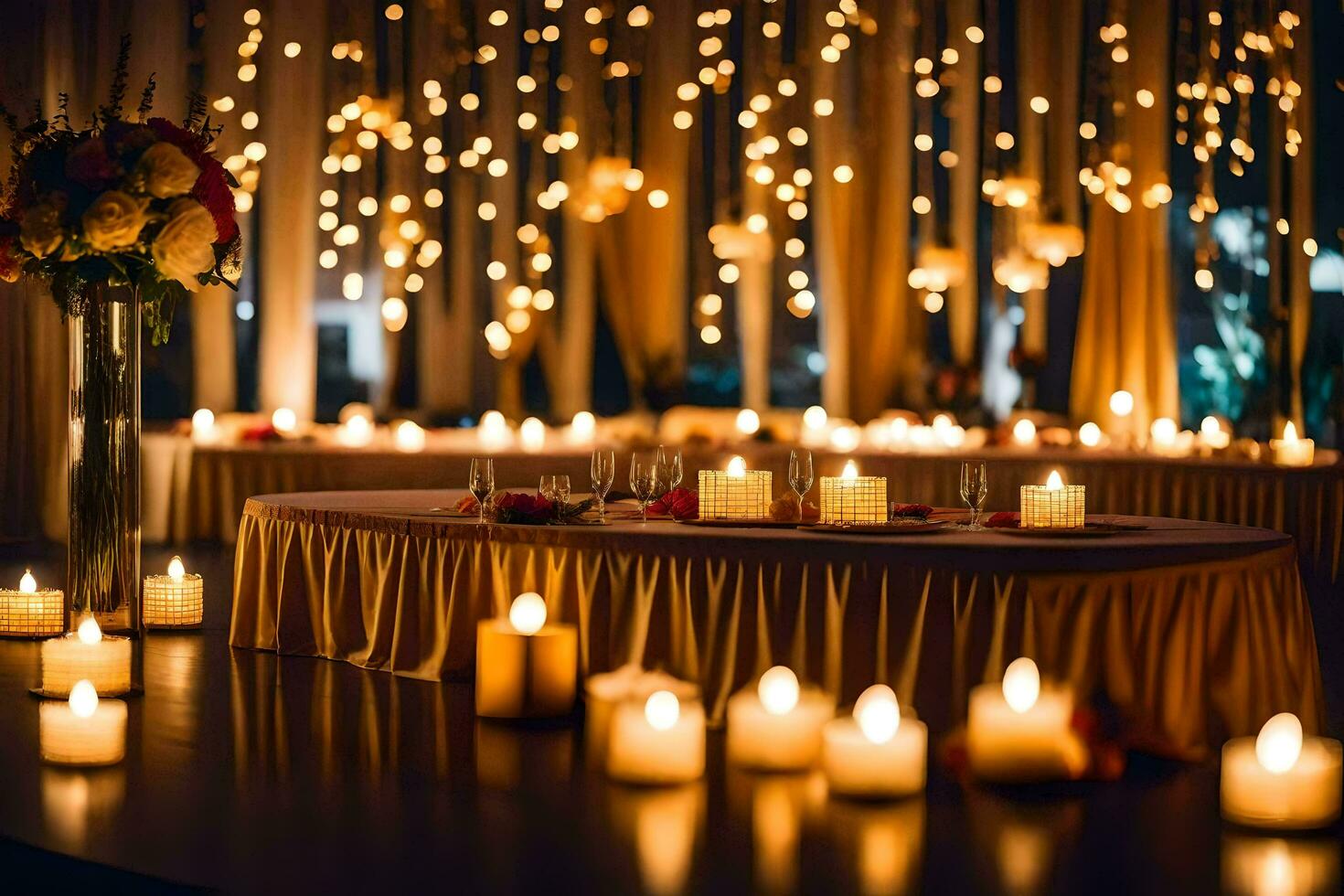 candles are lit in a room with a table and chairs. AI-Generated photo