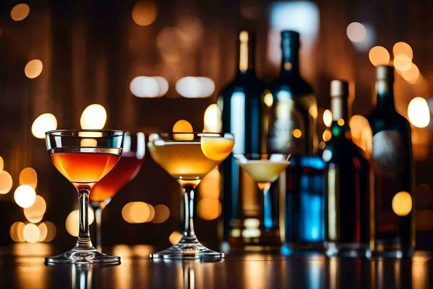 various alcoholic drinks are lined up on a bar counter. AI-Generated photo