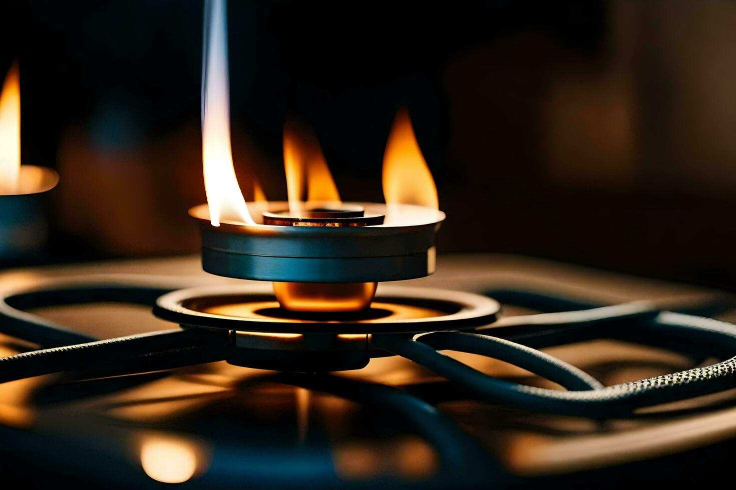 a close up of a gas stove with flames. AI-Generated photo