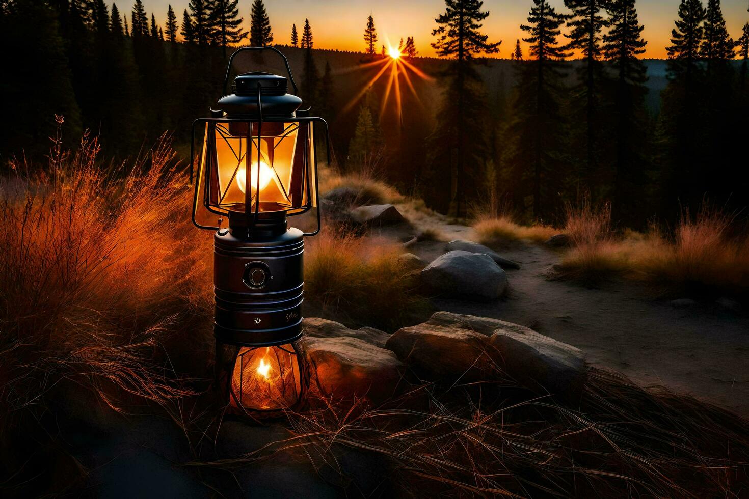 a lantern is lit up in the middle of a forest. AI-Generated photo