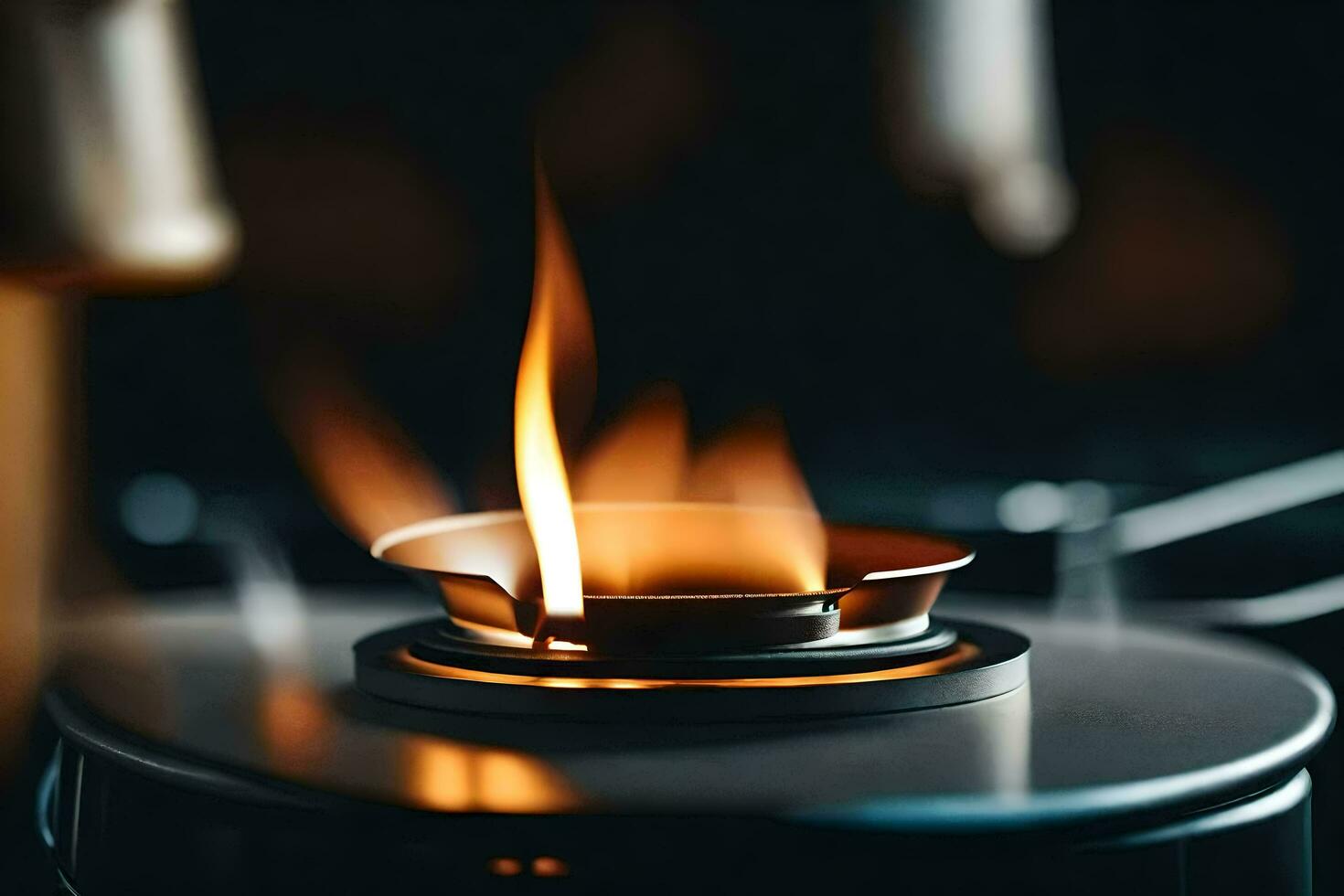 a close up of a stove top burner with flames. AI-Generated photo