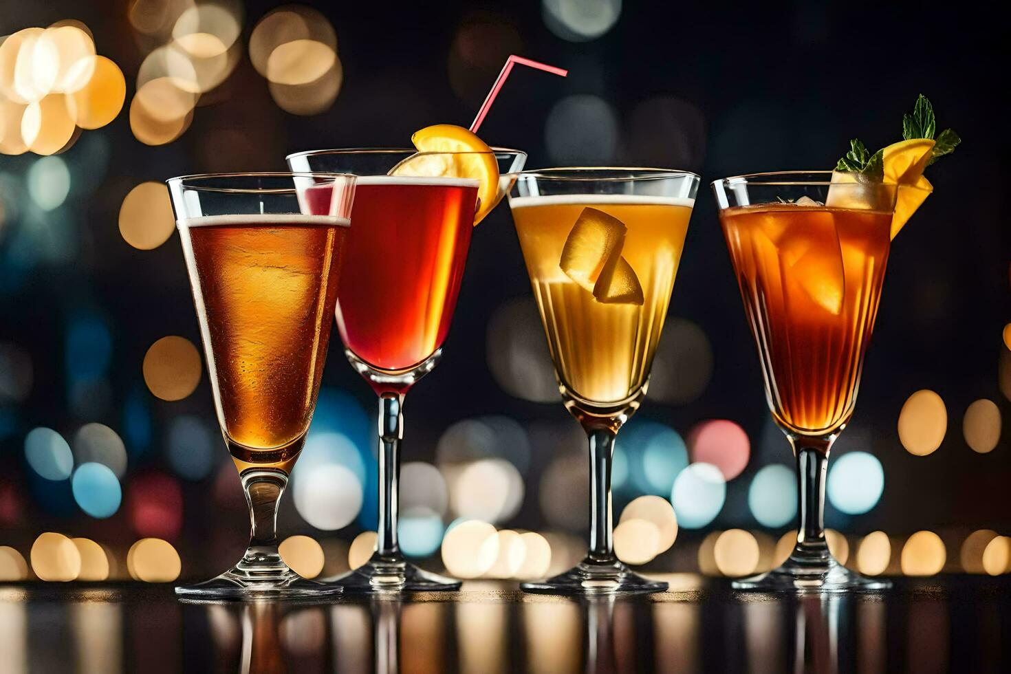 four different types of alcoholic drinks in glasses. AI-Generated photo