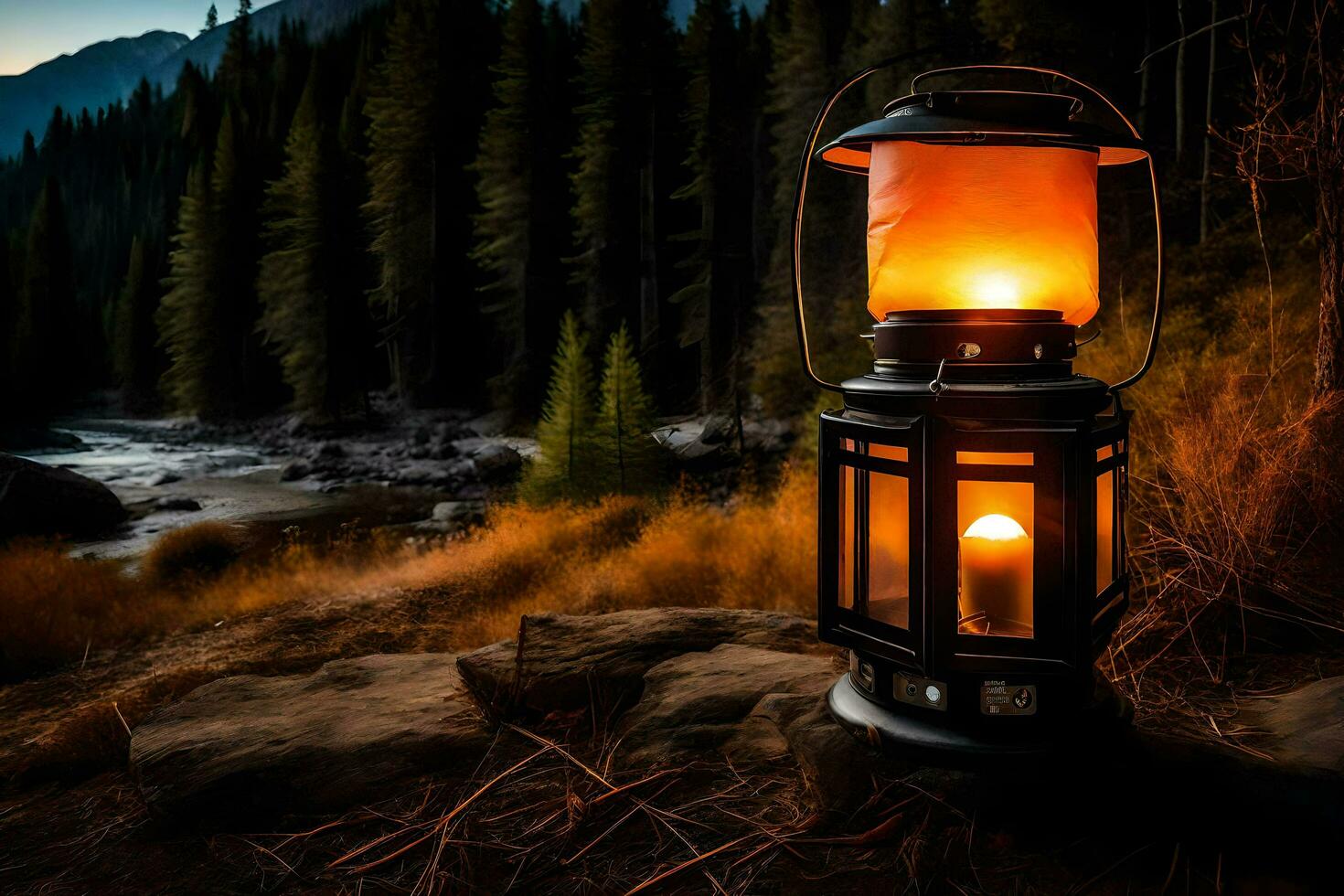 a lantern lit up by a river in the woods. AI-Generated photo