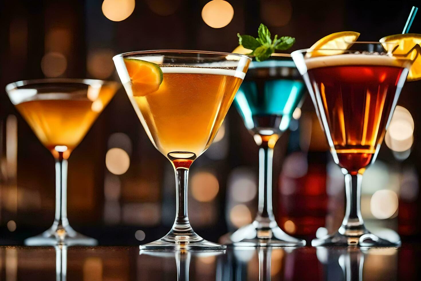 five different types of alcoholic drinks on a bar. AI-Generated photo