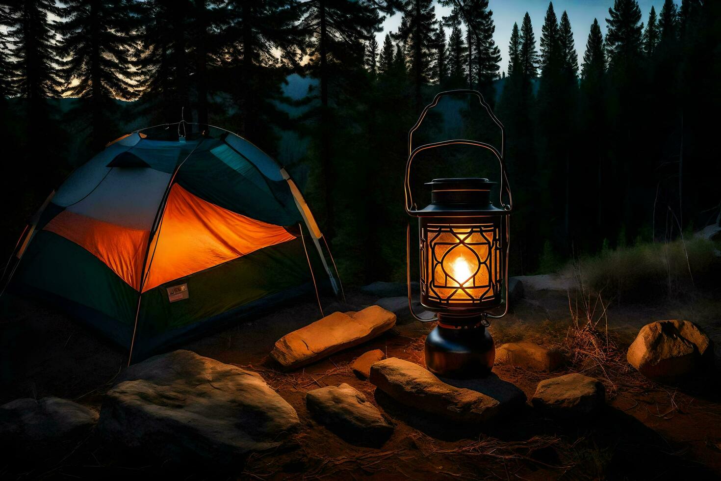 a camping lantern is lit up in the dark. AI-Generated photo