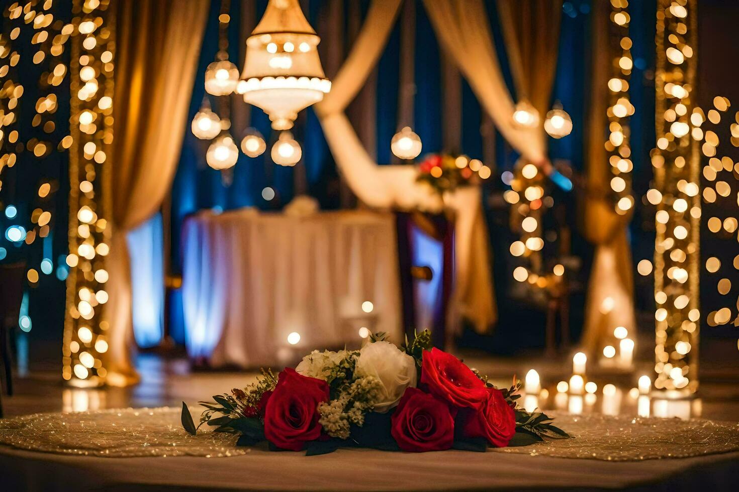 a table with candles and flowers in front of a backdrop of lights. AI-Generated photo