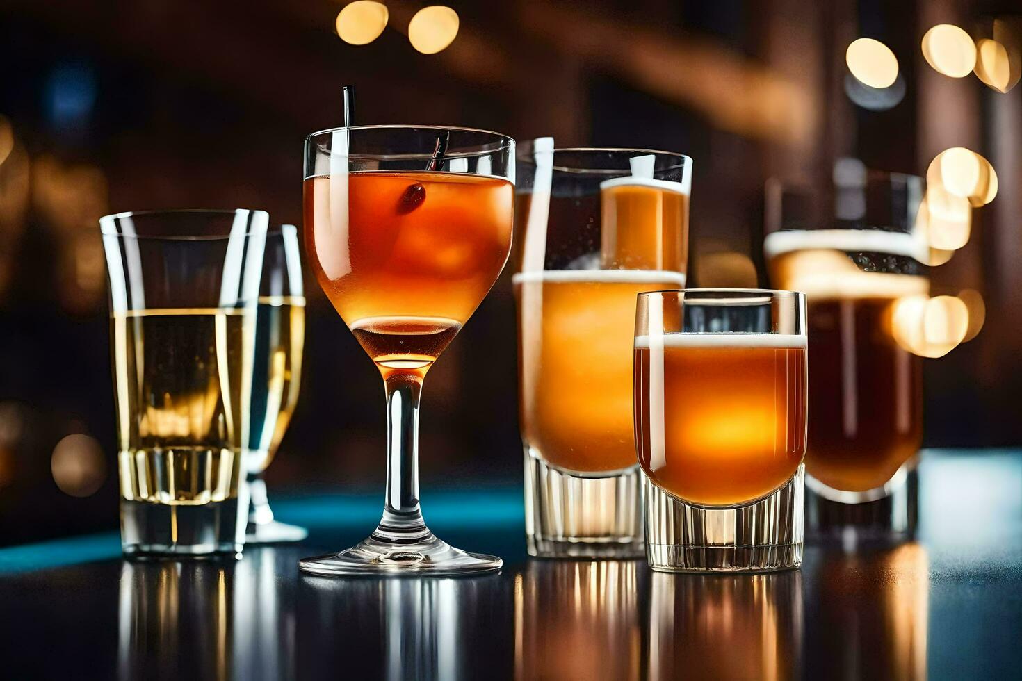 various alcoholic drinks are lined up on a bar. AI-Generated photo