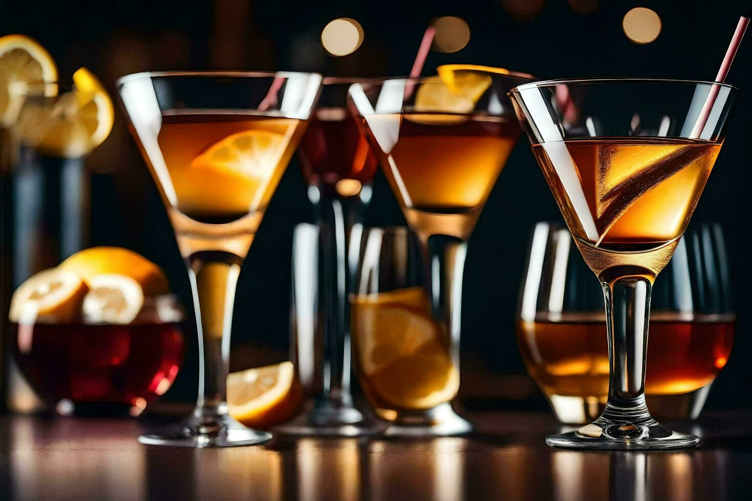 a group of glasses with different alcoholic drinks. AI-Generated photo