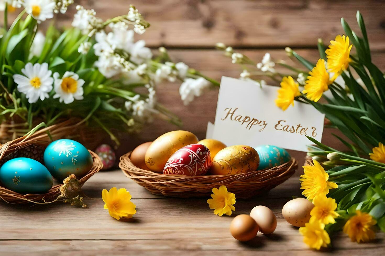 easter eggs in baskets with flowers and a card on a wooden table. AI-Generated photo