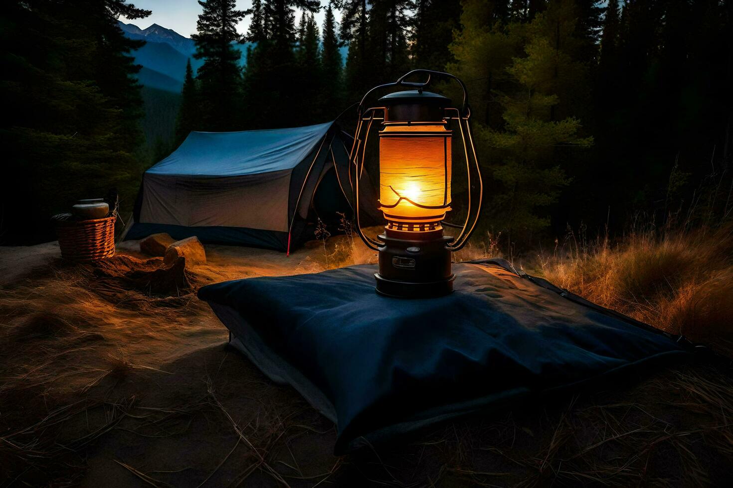 a campfire is lit in the woods at night. AI-Generated photo