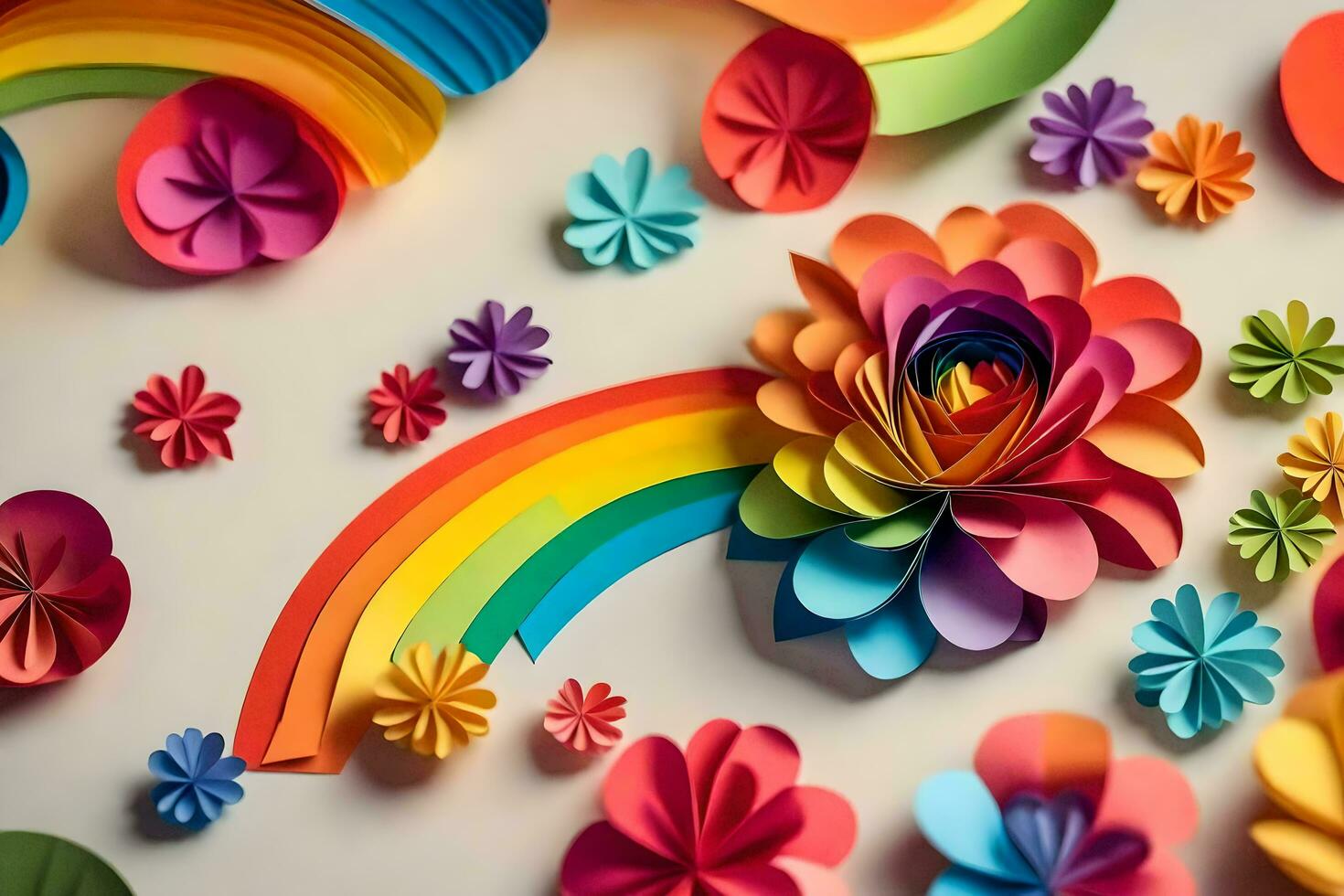 colorful paper flowers and a rainbow. AI-Generated photo