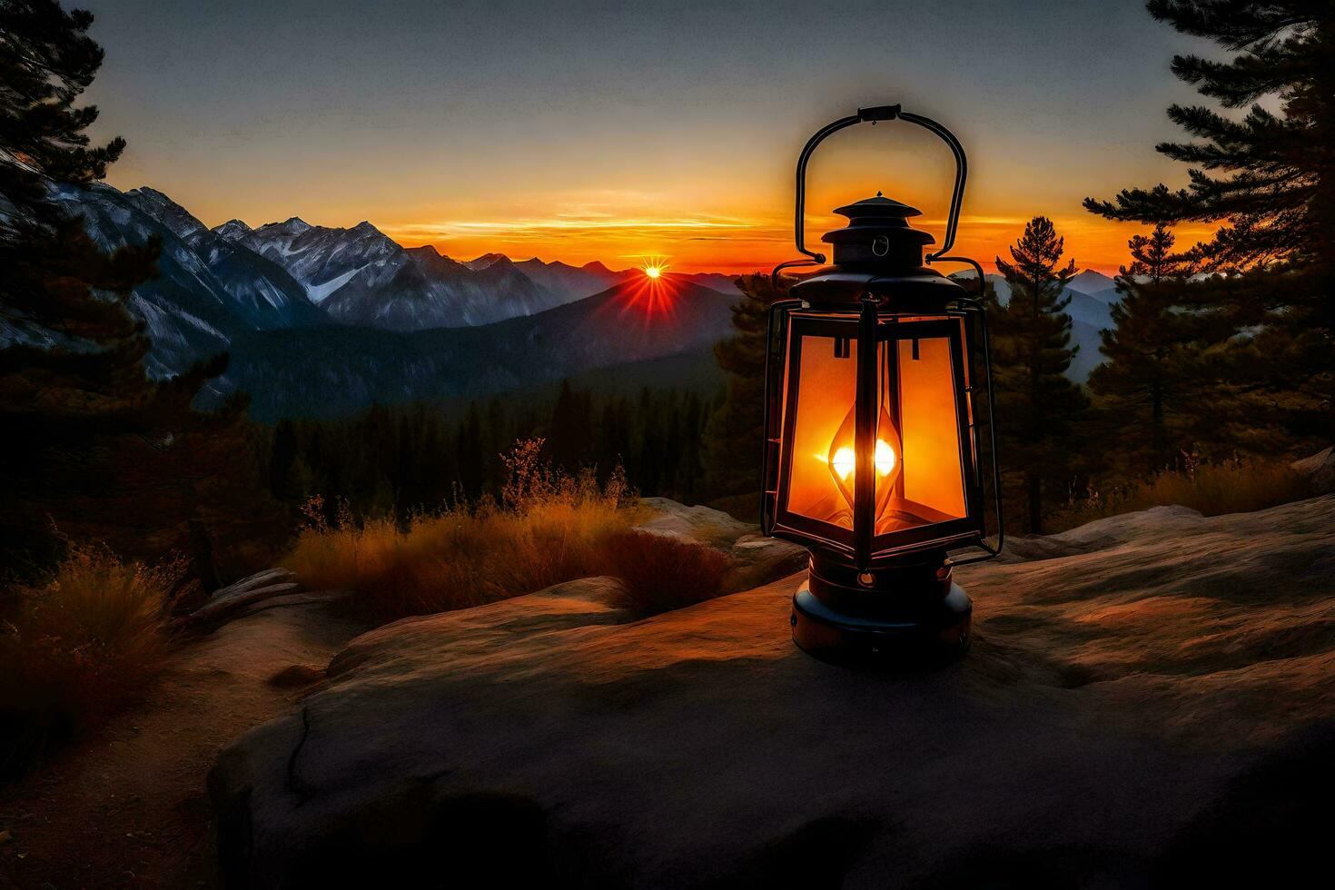 un linterna es iluminado en un rock en frente de un montaña. generado por ai foto
