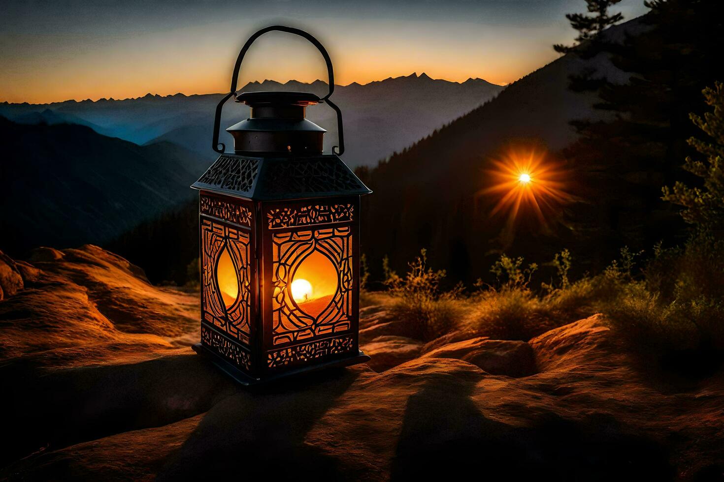 lantern on the mountain, sunset, mountains, sunset, the sunset, the mountains, h. AI-Generated photo