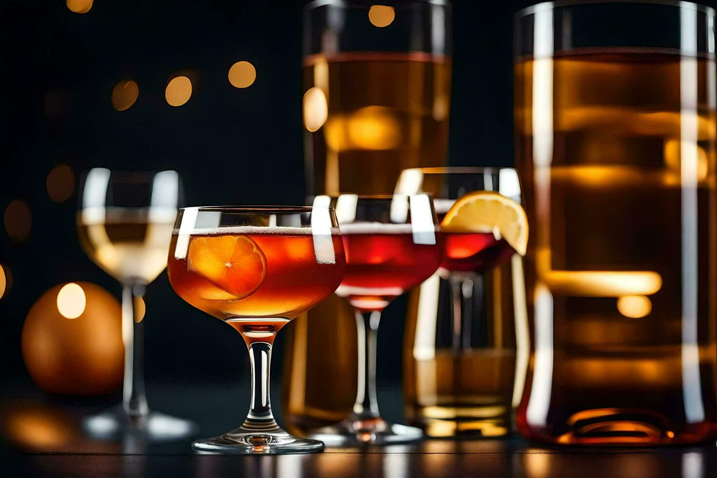 a group of glasses with different drinks. AI-Generated photo