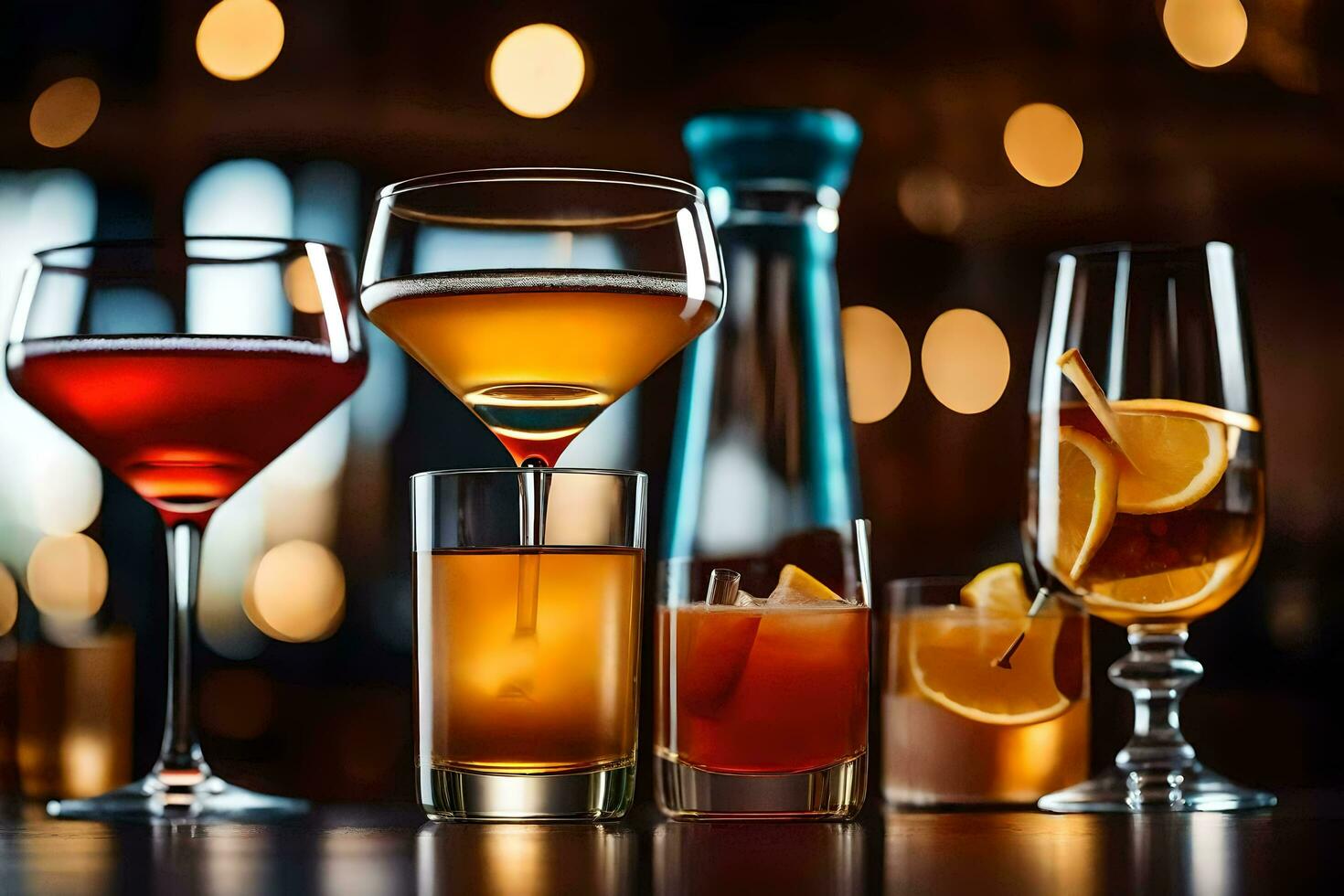 a variety of alcoholic drinks are shown on a bar. AI-Generated photo