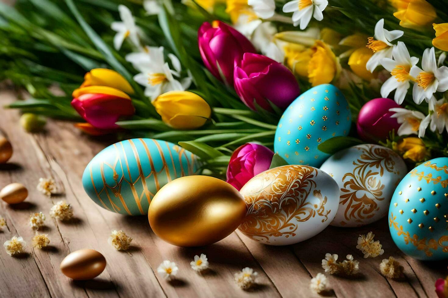 easter eggs and flowers on a wooden table. AI-Generated photo