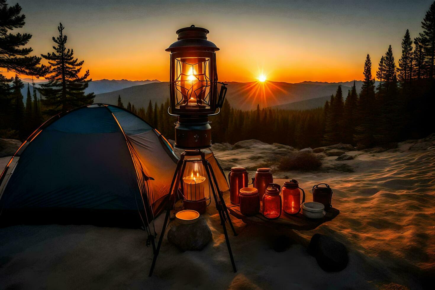 a campfire and a tent sit on the side of a mountain. AI-Generated photo