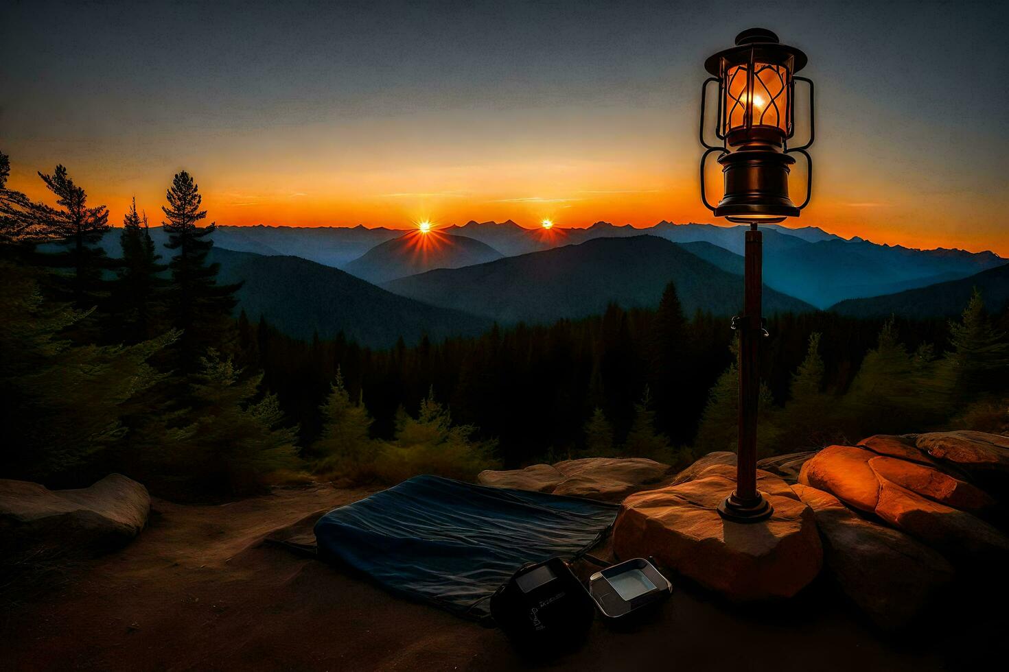a lamp sits on top of a mountain at sunset. AI-Generated photo