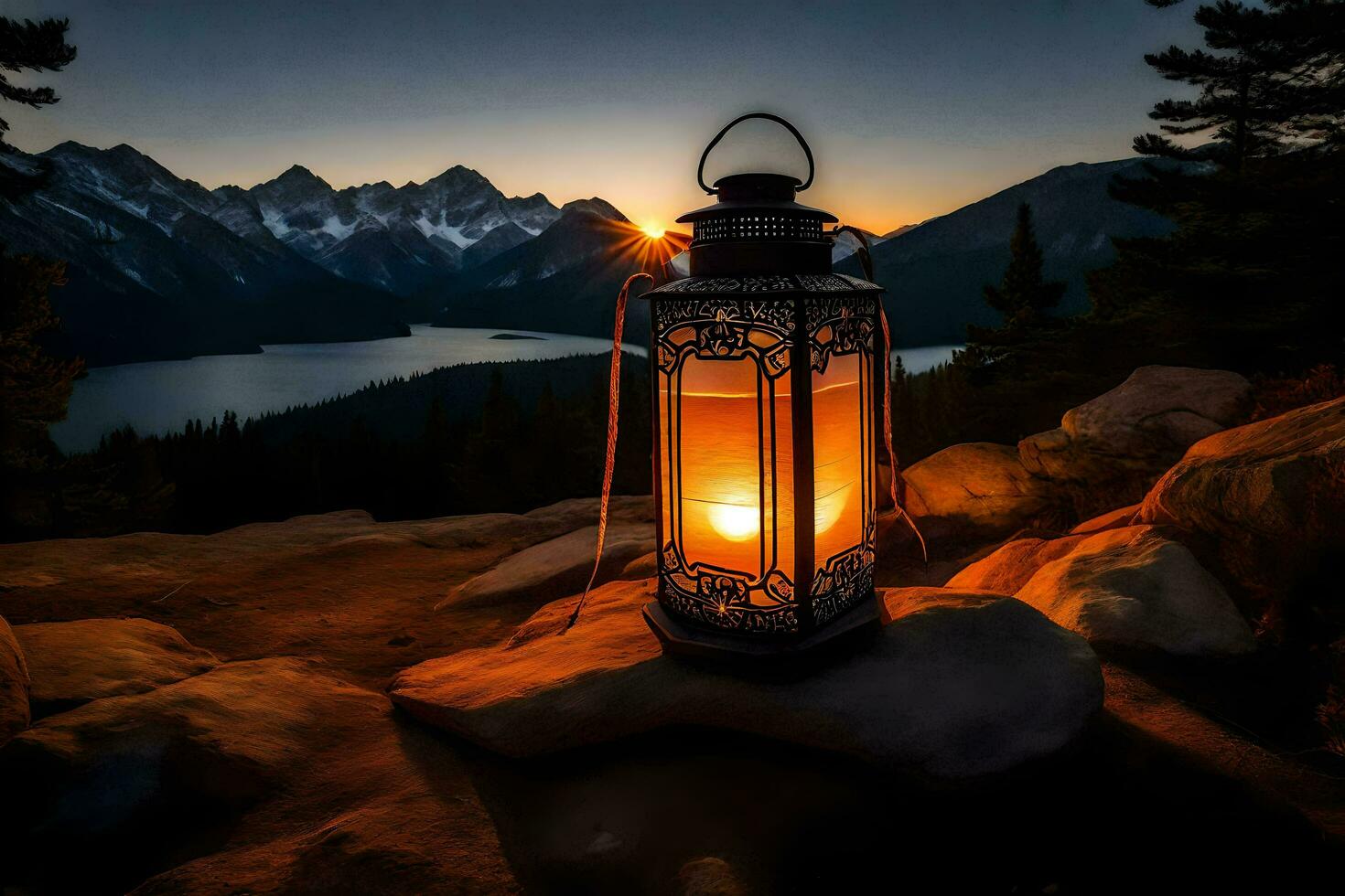 lantern on the rocks. AI-Generated photo