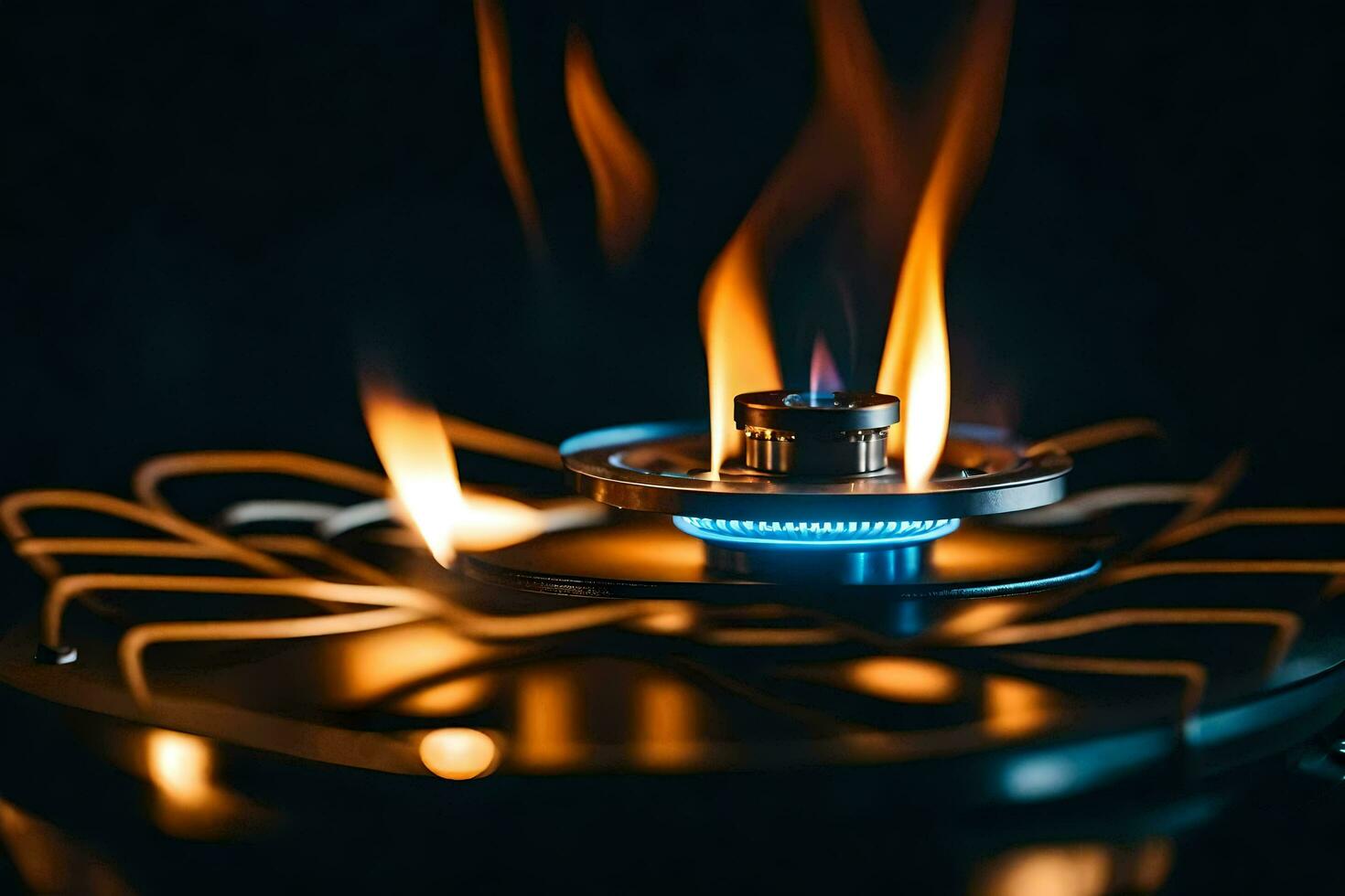 a close up of a gas burner with flames. AI-Generated photo