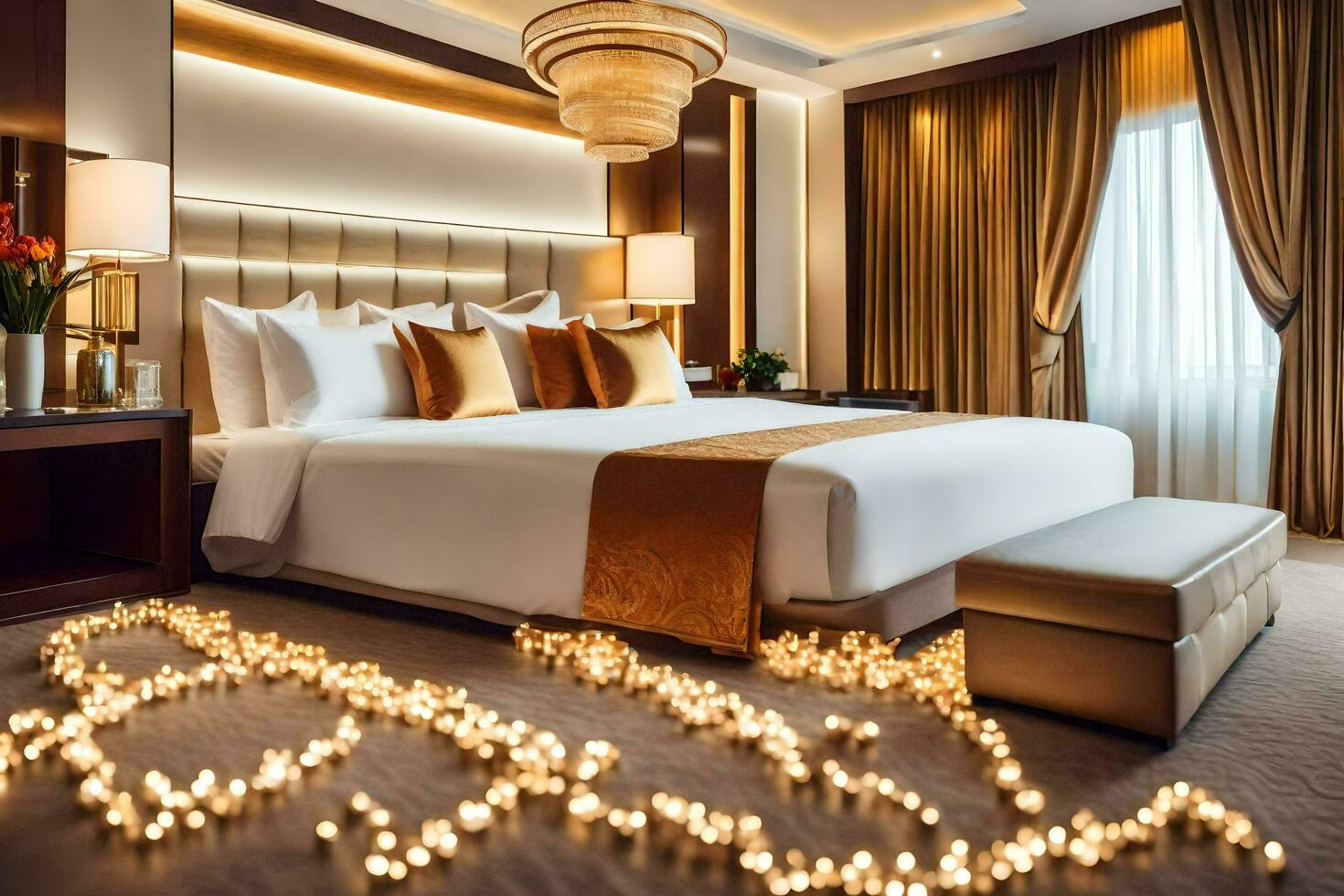 un hotel habitación con velas y un cama. generado por ai foto