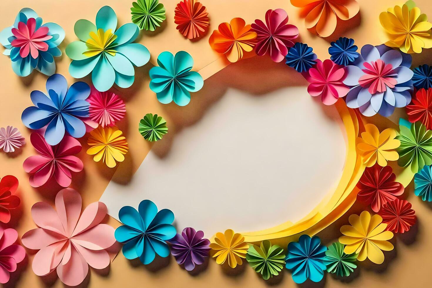 colorful paper flowers arranged in a circle on a beige background. AI-Generated photo