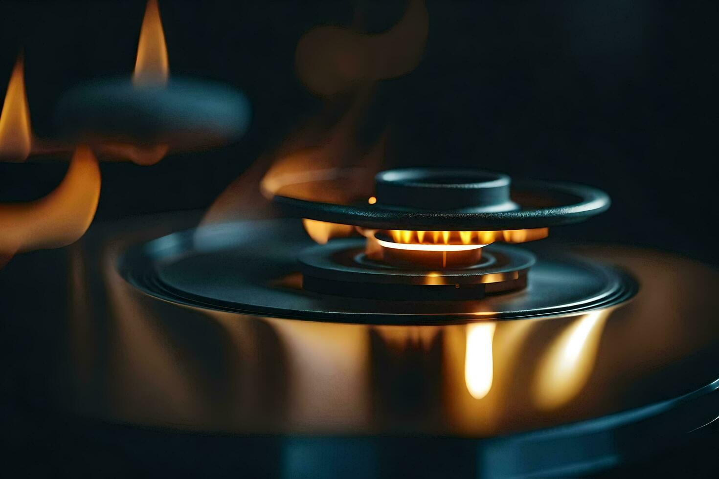 a close up of a metal disk with flames. AI-Generated photo