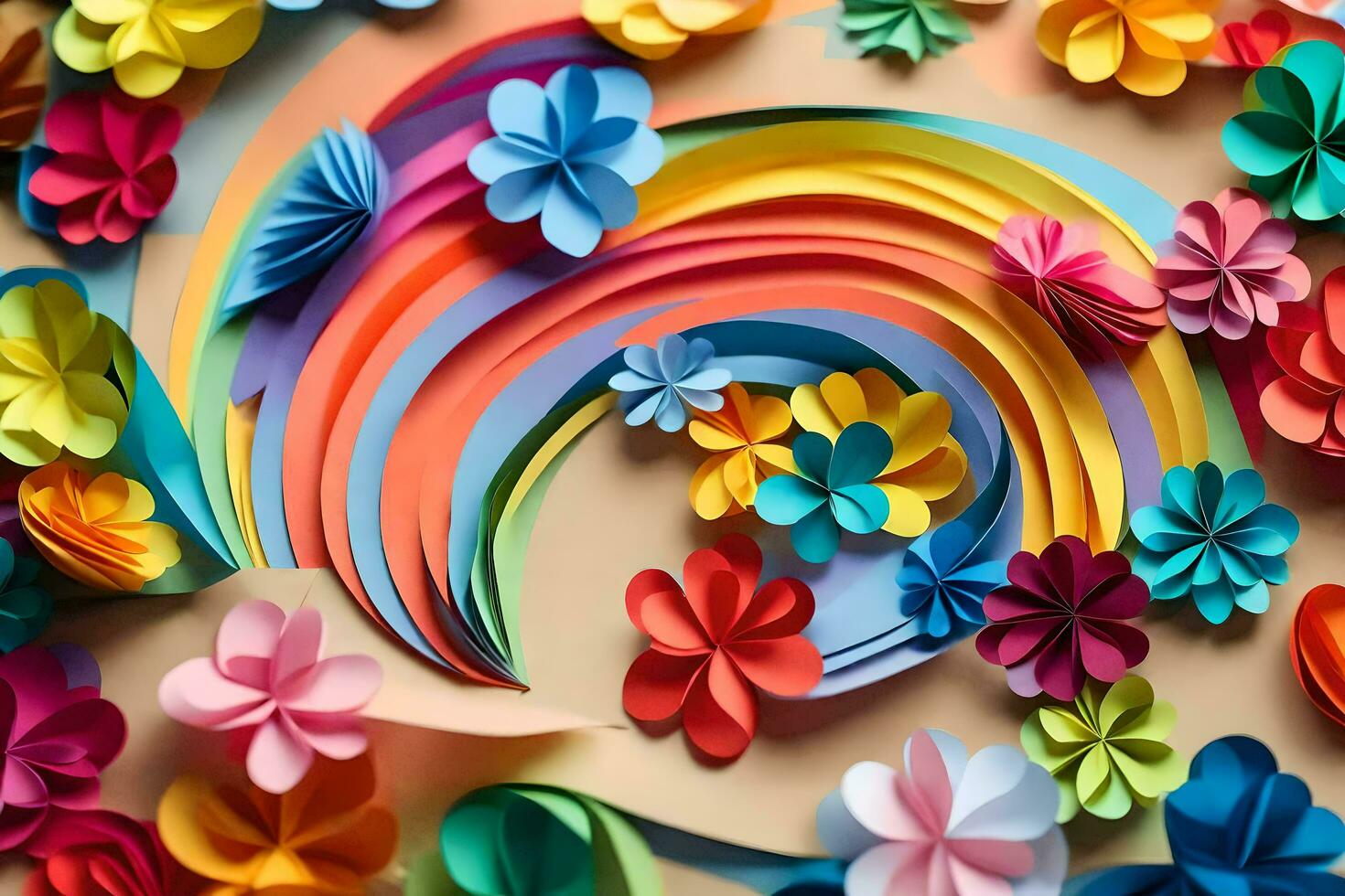 colorful paper flowers arranged in a rainbow shape. AI-Generated photo
