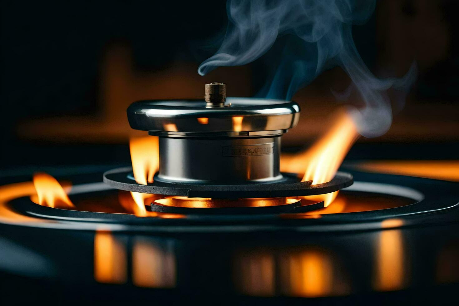 a close up of a gas burner with smoke coming out. AI-Generated photo