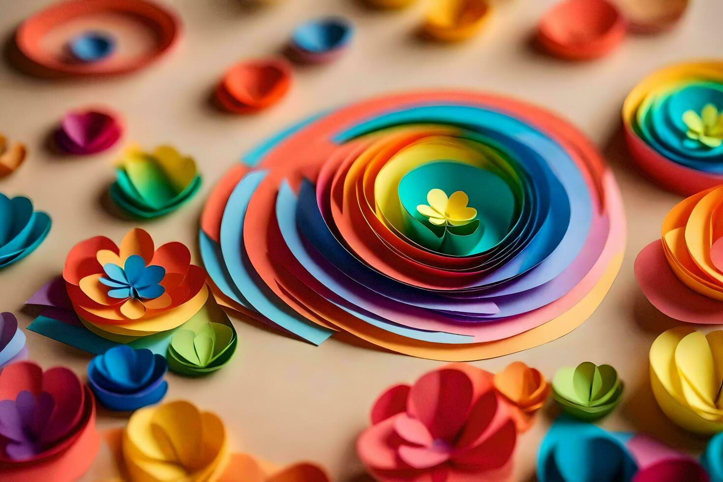 colorful paper flowers arranged on a table. AI-Generated photo