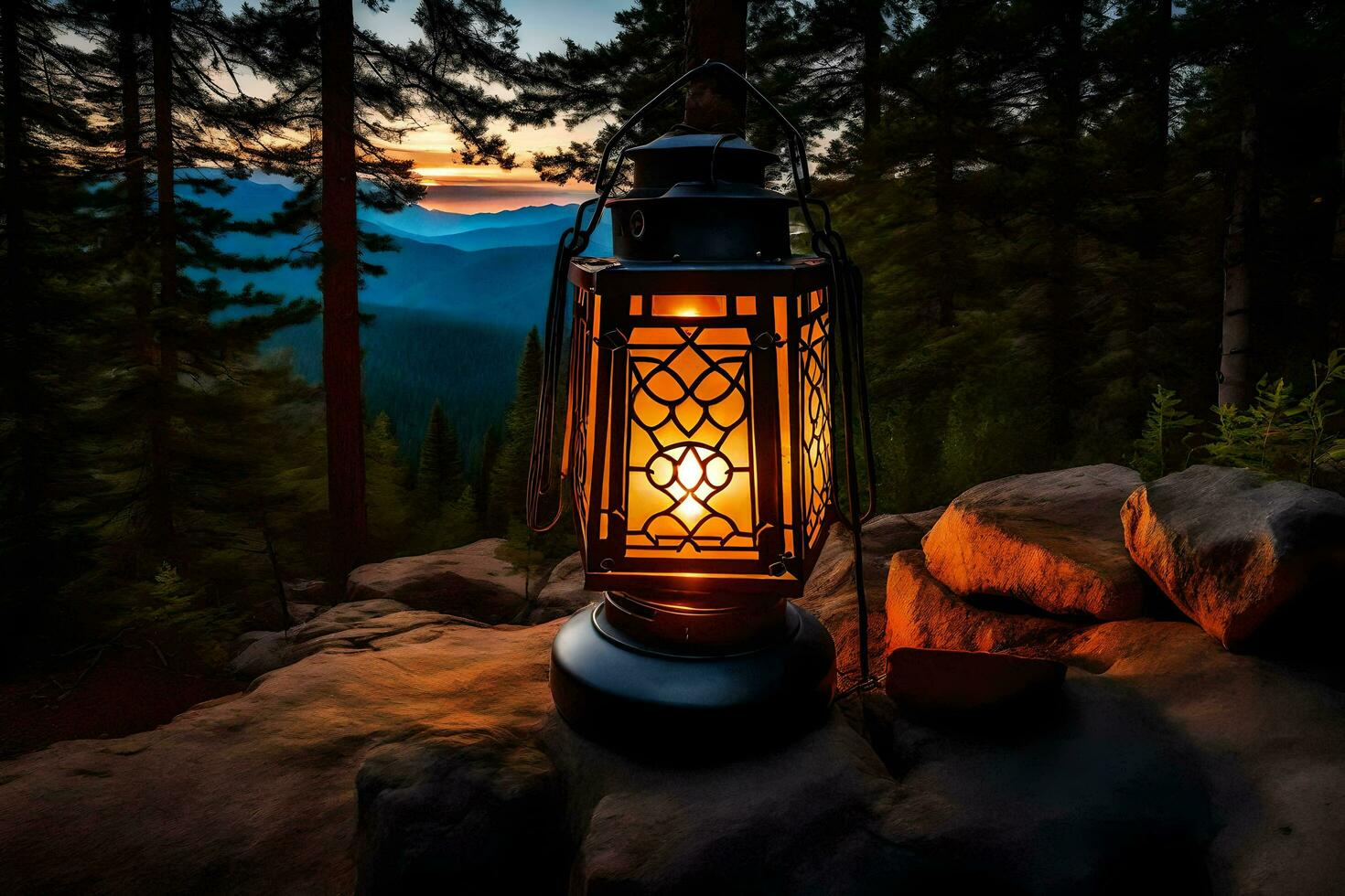 a lantern lit up on a rock in the woods. AI-Generated photo