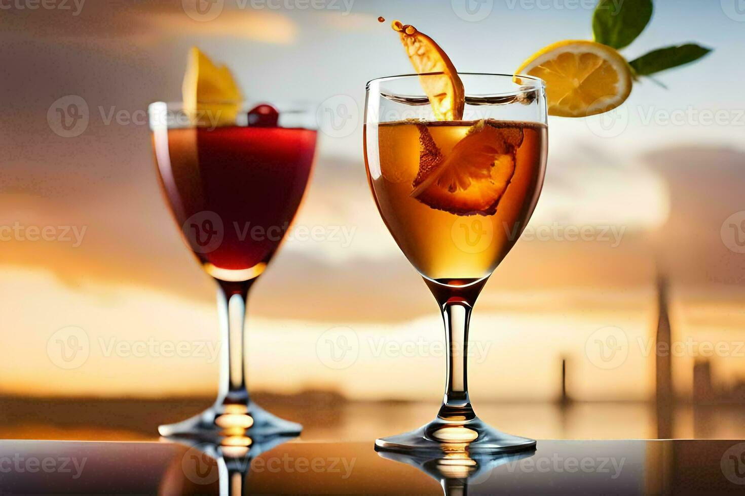two glasses of wine with a sunset in the background. AI-Generated photo