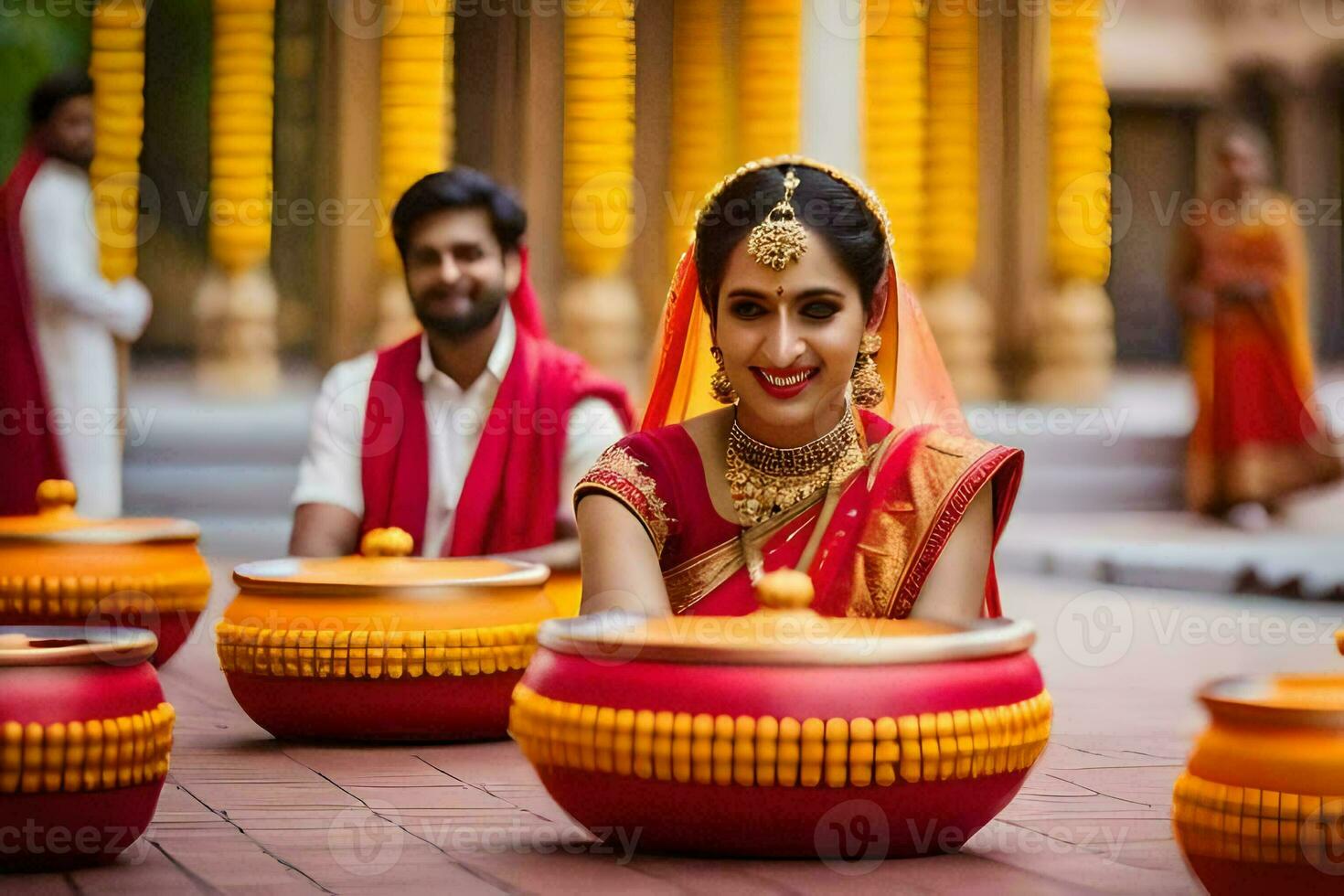 a beautiful bride and groom in traditional indian attire. AI-Generated photo